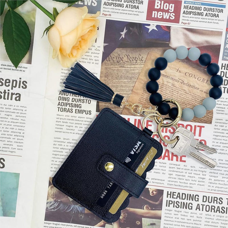 TSNSOEEO Keychain Wallet Wristlet Small Credit Card Holder Bracelet Key Chain Purse Bangle Tassel Beads Key Rings for Women - Image 2
